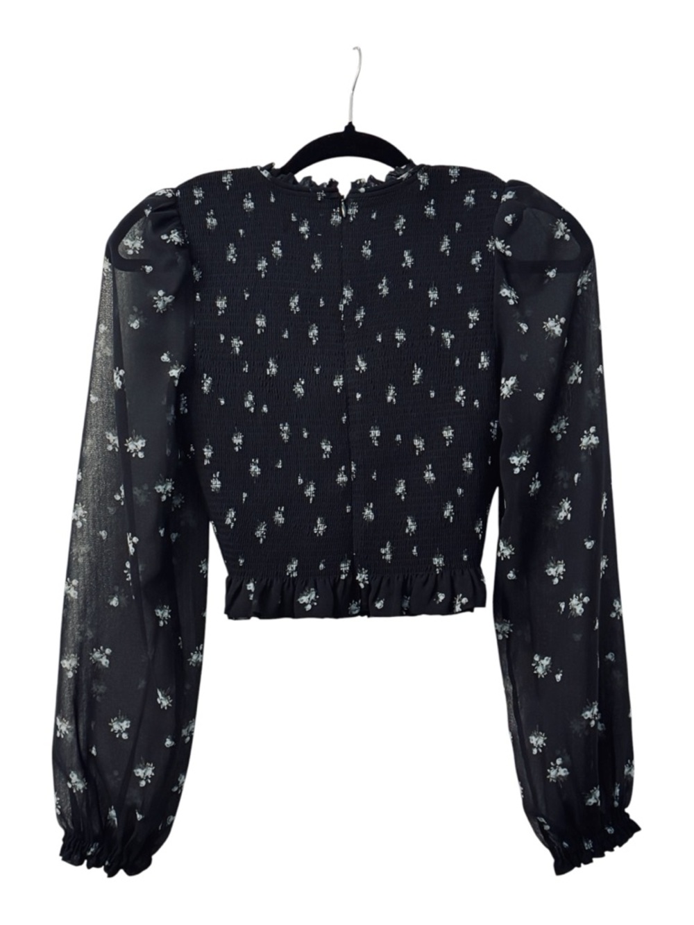 Aritzia Wilfred Black Floral Puff-Sleeve Smocked Crop Top (XS)